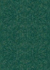 Hand-drawn unique abstract seamless ornament. Light green on a darker cold green background, with splatters of golden glitter. Paper texture. Digital artwork, A4. (pattern: p03d)