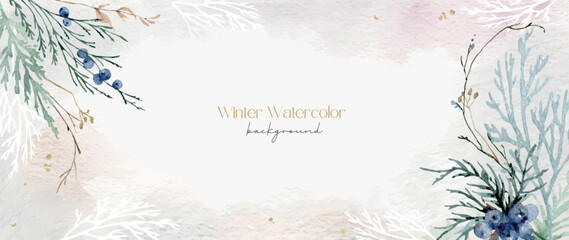 Watercolor vector background in winter shades with branches and juniper.