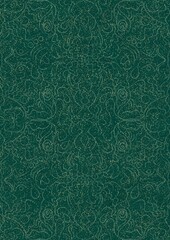 Hand-drawn unique abstract seamless ornament. Light green on a darker cold green background, with splatters of golden glitter. Paper texture. Digital artwork, A4. (pattern: p07-1d)