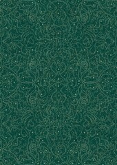 Hand-drawn unique abstract seamless ornament. Light green on a darker cold green background, with splatters of golden glitter. Paper texture. Digital artwork, A4. (pattern: p07-2d)