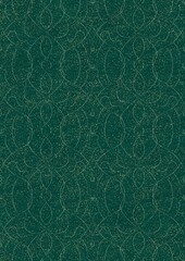 Hand-drawn unique abstract seamless ornament. Light green on a darker cold green background, with splatters of golden glitter. Paper texture. Digital artwork, A4. (pattern: p08-1e)