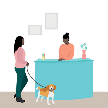 Two Dark-skinned Girls Near The Reception Desk, Animal Hotel, Veterinary Clinic, Flat Vector, Isolate On White, Faceless Illustration