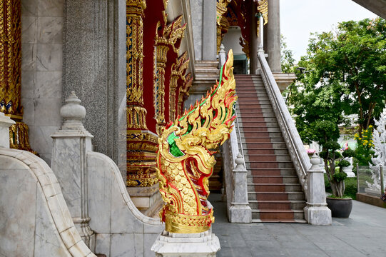Naga statue, objects to worship in buddhist belief, in Thai temple in Bangkok, Thailand.