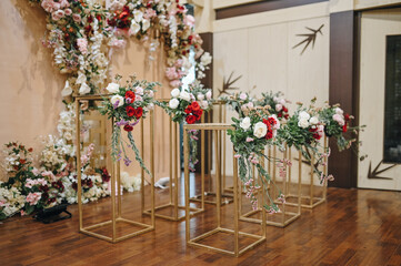 Fototapeta na wymiar Chinese ceremonial with multi flowers. Wedding or engagement decoration. Double happiness 