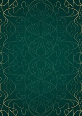 Hand-drawn unique abstract ornament. Light green on a dark cold green background, with vignette in golden glitter. Paper texture. Digital artwork, A4. (pattern: p02-1d)