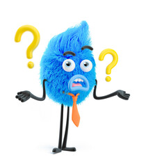 Fluffy businessman solves the problem. 3d illustration. Cartoon character. Question mark.