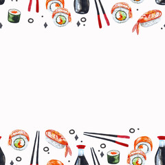 Seamless pattern sushi frame watercolor illustration for decor, invitation, restaurant menu