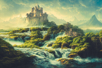 Beautiful digital art 3D illustration of fantasy fairy tale castle on waterfall with hills and mountain scenery. Splendid greenery and forest landscape. AI generated image.