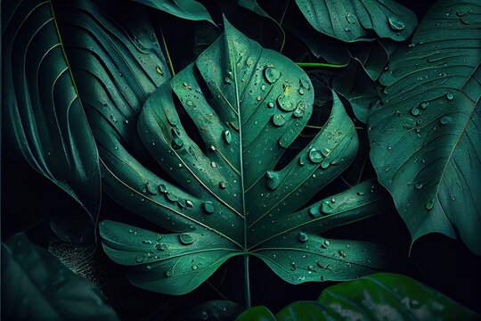 Closeup tropical climate leaf plant Monstera with dew droplets on it. Generative AI © Generative Professor