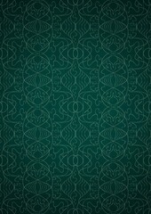 Hand-drawn unique abstract symmetrical seamless ornament. Bright green on a deep cold green with vignette of a darker background color. Paper texture. Digital artwork, A4. (pattern: p02-1e)