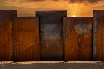 Composit image with sunrise and metal panel fence