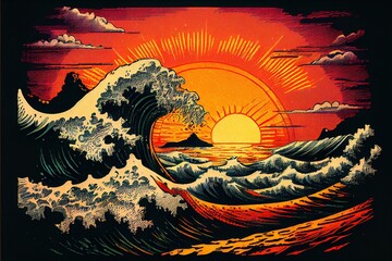 Sunset in ocean waves vintage style fantasy illustration. Generative AI