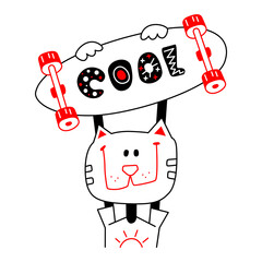 Skateboarder cat. Funny smiling cat is holding a skateboard with the inscription cool. Vector doodles.