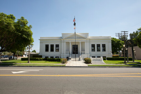 Colton, California, USA - September 18, 2022: Morning light shines on the historic downtown Carnegie Library.