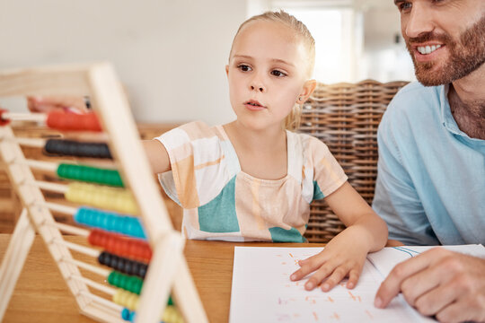 Education, teaching and learning girl with dad with abacus counting during homeschool class in the living room. Happy family bonding with educational game with man and girl learn math and numbers