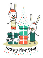 Rabbits and gifts. New Year's card with the image of funny rabbits and gifts with a congratulatory inscription. Flat vector illustration.