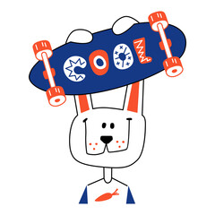 Rabbit skateboarder. Funny smiling rabbit holds with his ears a skateboard with the inscription cool. Vector doodles.