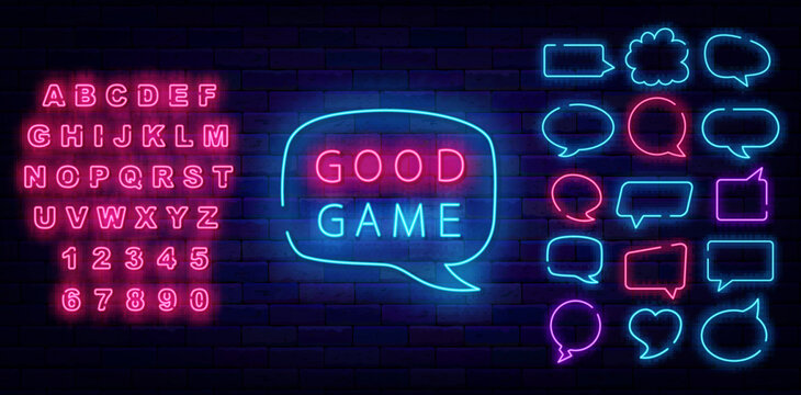 Good game neon sign. Speech bubble frames set. Lose concept. Luminous pink font. Vector stock illustration