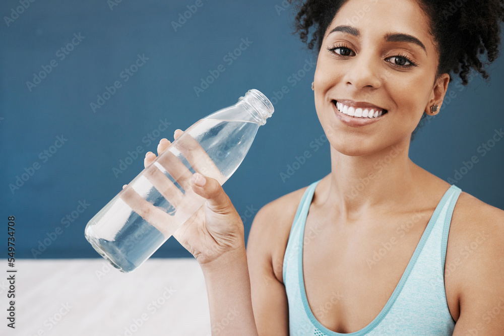 Canvas Prints Drinking water, fitness and black woman in workout studio with blue wall mockup for healthy lifestyle, wellness and nutrition. Portrait of sports, athlete or yoga woman with water bottle for exercise