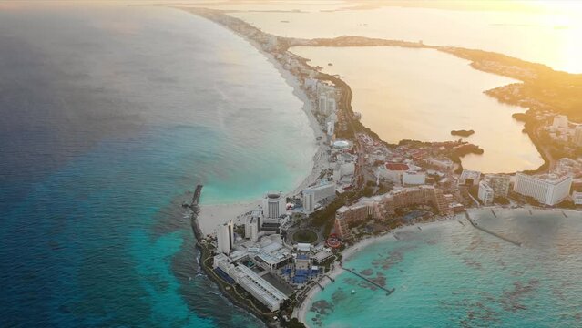 Cancun, Mexico. A hotel zone and public beach aerial view