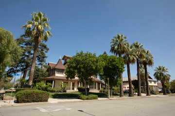 Palm tree framed view of historic downtown Colton, California, USA. - obrazy, fototapety, plakaty
