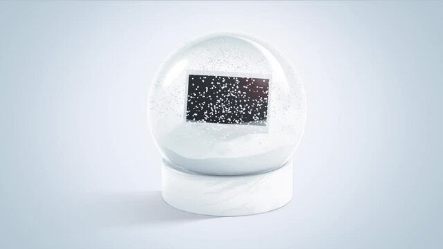 Blank glass snowglobe with rectangular photo snowfall mockup, looped motion