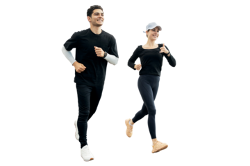 Runners are people a man and a woman on a transparent background engaged in running sports. Fitness watch on the arm.