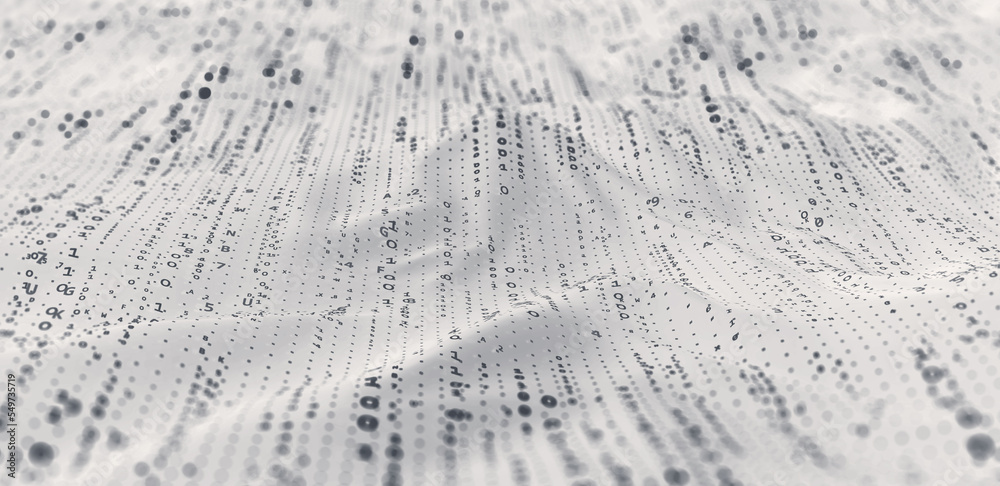 Poster Cyber data stream. Digital neural networks. 3D illustration of a wavy open source surface