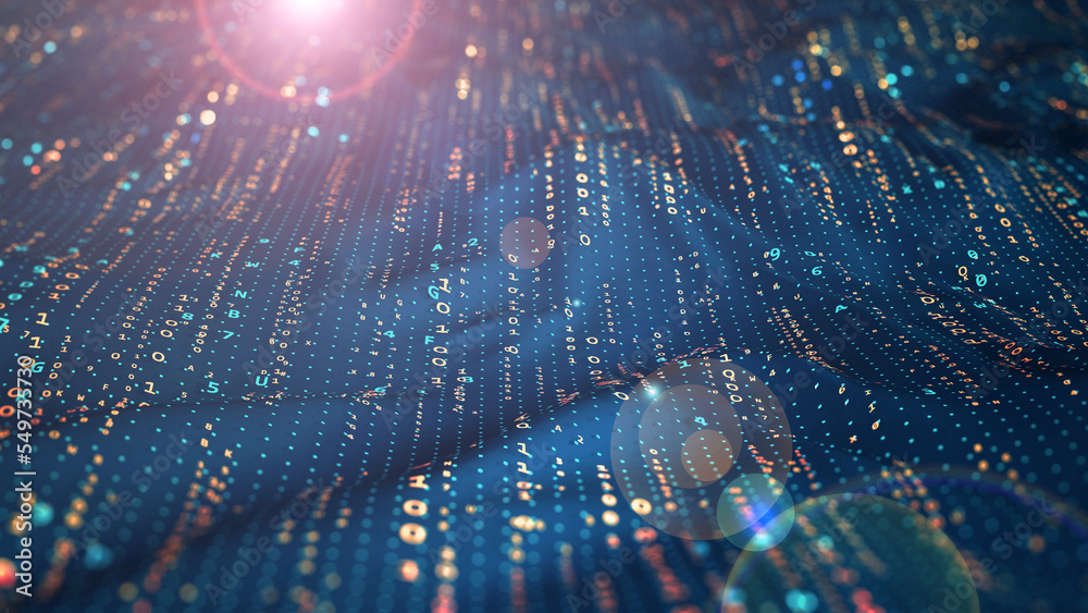 Poster Cyber data stream. Digital neural networks. 3D illustration of a wavy open source surface