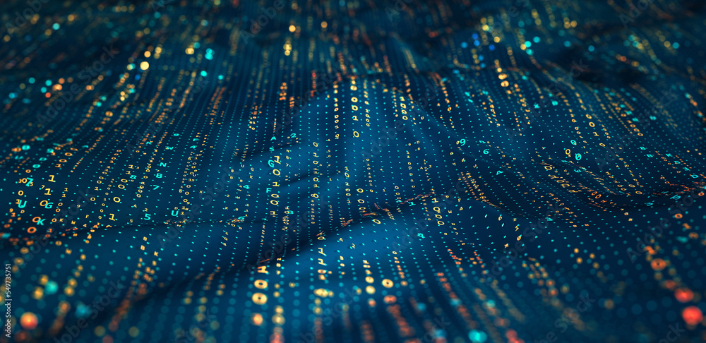 Poster Cyber data stream. Digital neural networks. 3D illustration of a wavy open source surface