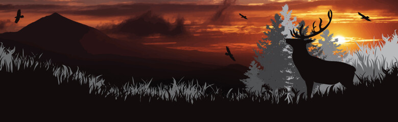 Vector silhouette of deer in forest on sunset background.