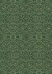 Hand-drawn unique abstract symmetrical seamless gold ornament of golden glitter on a warm green background. Paper texture. Digital artwork, A4. (pattern: p03e)