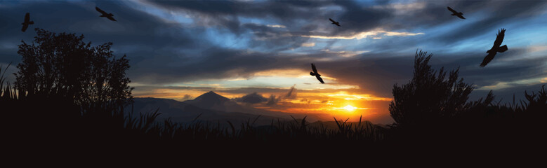 Fototapeta na wymiar Vector silhouette of mountains on sunset background.