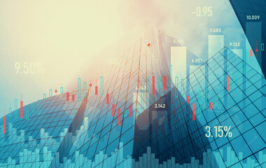 As background for a financial or business concept, digital screen and financial graphs overlap on a picture of modernistic cityscape, skyscrabbers.