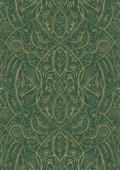 Hand-drawn unique abstract symmetrical seamless gold ornament of golden glitter on a warm green background. Paper texture. Digital artwork, A4. (pattern: p08-2d)