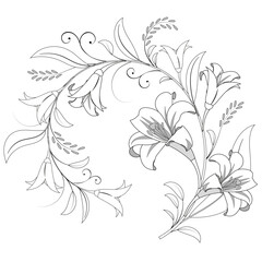 Black and white lily flowers branch. Coloring book page. Vector illustration.