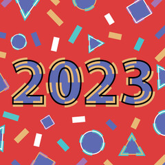 A banner illustration for new year 2023 with typography and geometric retro shapes. A happy new year greeting card design celebrating a happy new year with colors such as blue, orange and yellow.