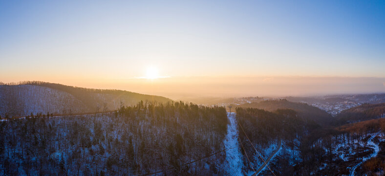 Aerial view of new gondola lift at Medvednica mountain, Zagreb, Croatia.