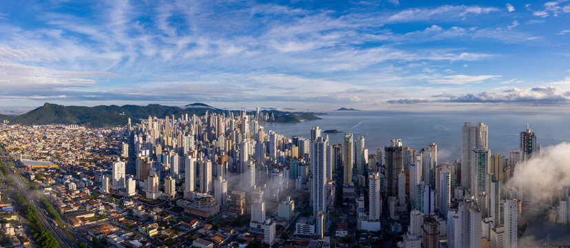 Panoramic aerial view of Bal. Camboriú cityscape, Brazil.