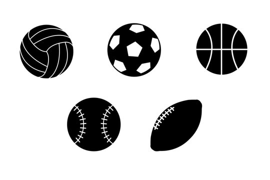 A set of vector sports ball icons. Black balls for football, volleyball, tennis, basketball, rugby. Ball icons isolated on a white background