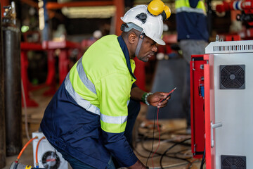 Electrician at robot factory measurement with multimeter testing current electric in control panel.
