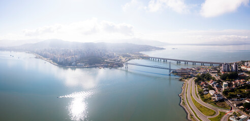 Panoramic aerial view of historical hercilio luz bridge, Florianópilis, Brazil.