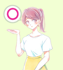 案内をするポニーテールの女性　丸