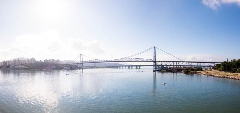 Panoramic aerial view of hercilio luz bridge early in the morning, Florian&oacute;pilis, Brazil.