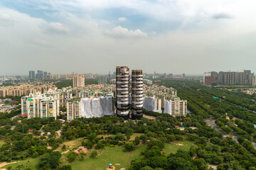 Noida, India - 26 October 2022: Aerial view of the Noida twin tower before demolition.