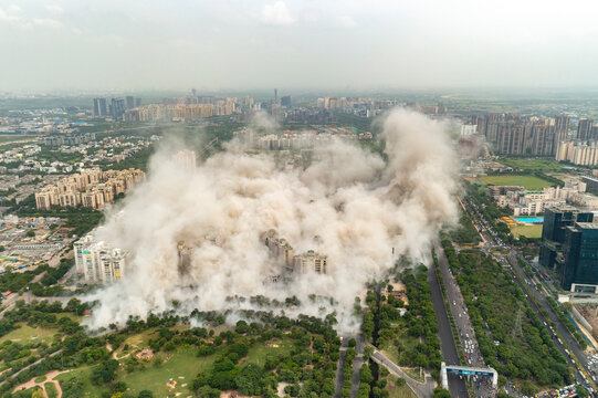 Aerial view of the Noida twin tower during demolition, Noida, India.