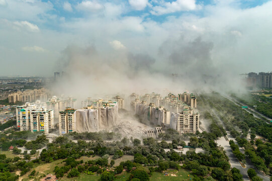 Aerial view of the Noida twin tower during demolition, Noida, India.