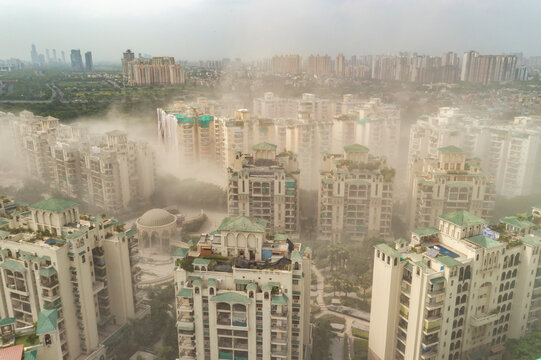 Aerial view of the Noida twin tower during demolition, Noida, India.