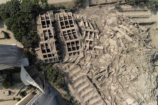 Aerial view of the Noida twin tower after the demolition, Noida, India.