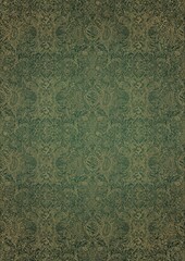 Hand-drawn unique abstract gold ornament on a green warm background, with vignette of darker background color and splatters of golden glitter. Paper texture. Digital artwork, A4. (pattern: p04e)